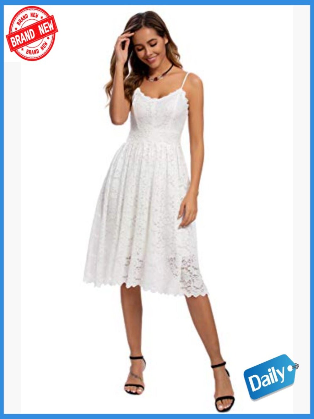 Lace Floral Spaghetti Strap V Neck Swing Cocktail Midi Dress - Picture 7 of 7